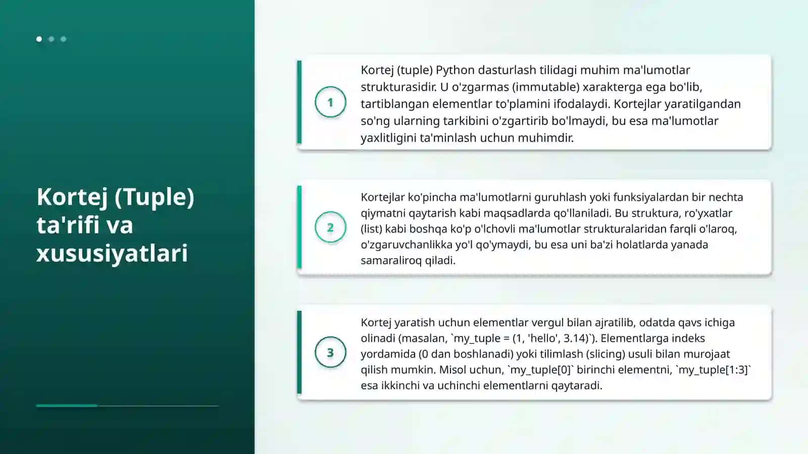 Kortej (tuple) va toʻplam(set) ma'lumot tuzilmalari hamda ularning qoʻllanilishi 4