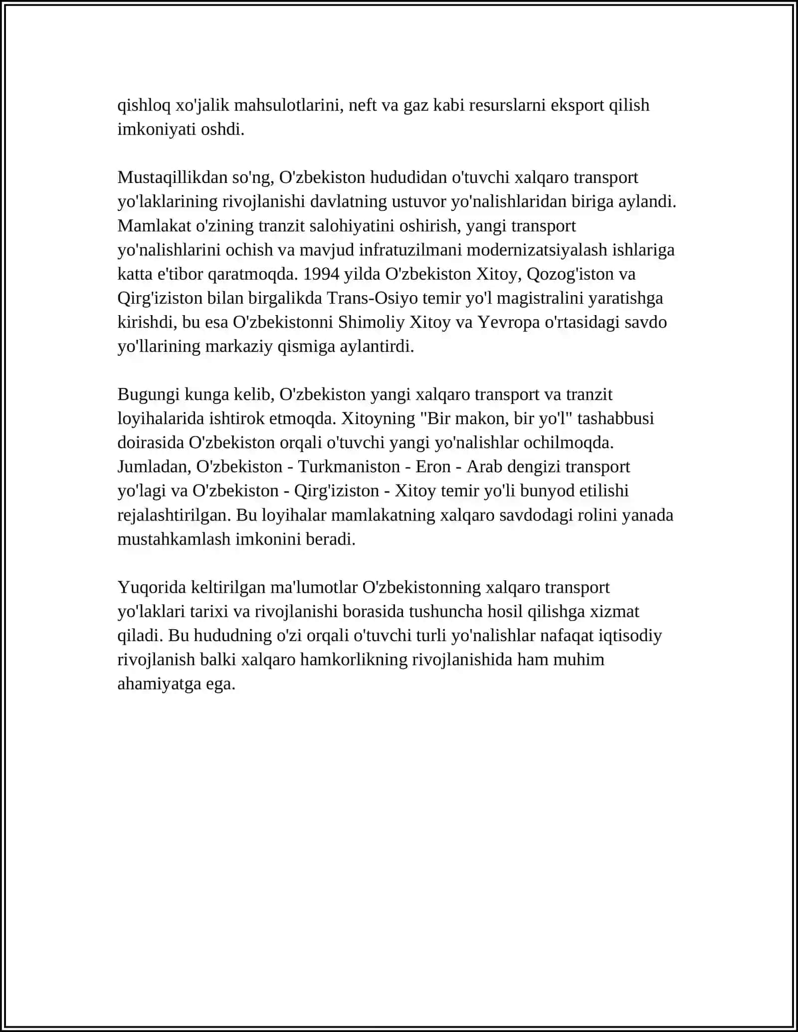 O'ZBEKISTON HUDUDIDAN O'TUVCHI XALQARO TRANSPORT YO'LAKLARI HAQIDA MALUMOTLARNI O'RGANISH 4