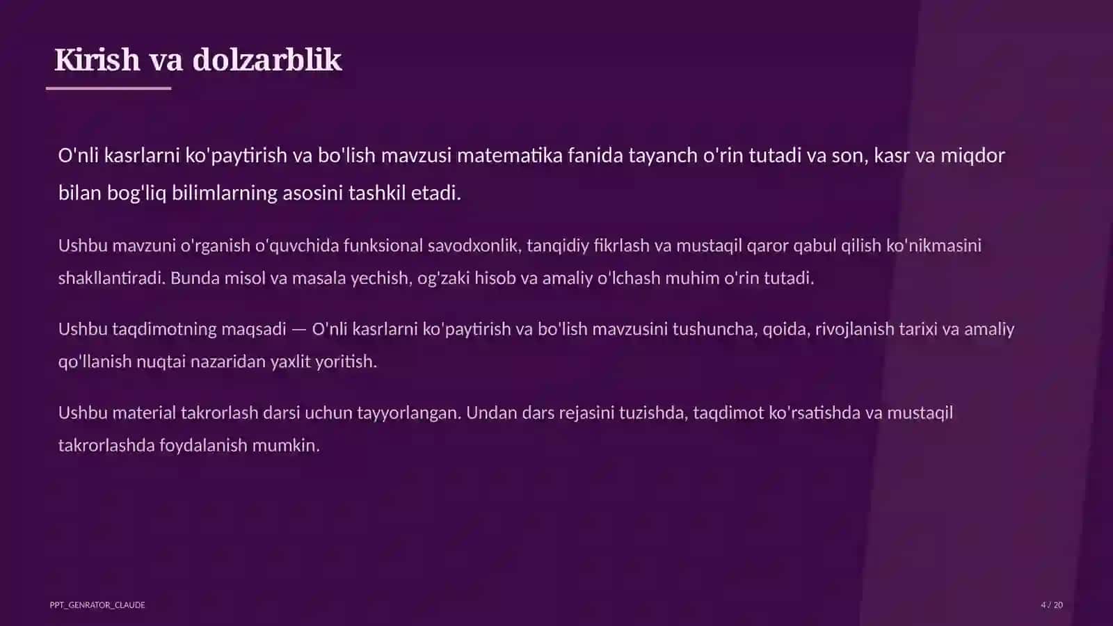 O'nli kasrlarni ko'paytirish va bo'lish (5-sinf) 4