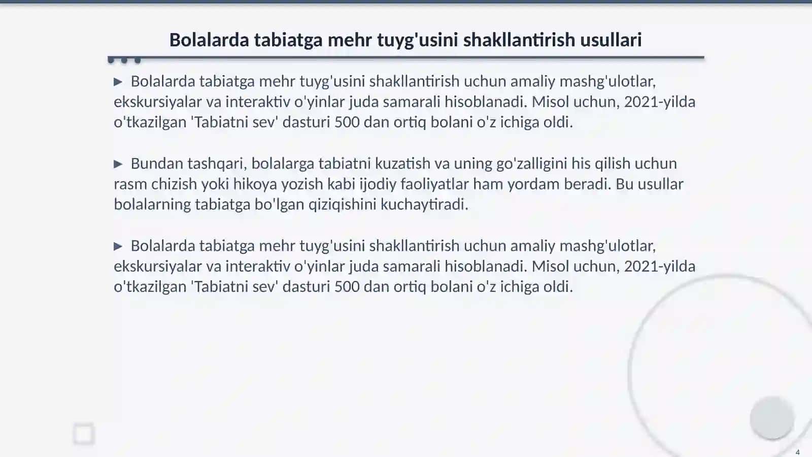 Bolalarda tabiat burchagida yashovchilarga parvarish qilishga o'rgatish orqali tabiatga mehr tuyg'uni tarbiyalash 4