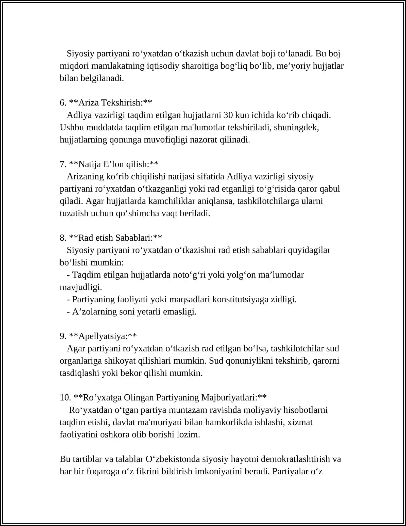 O'ZBEKISTON RESPUBLIKASI PALATALARINING SIYOSIY PARTIYALARNI TASHKILLASHTIRISH TARTIBI 4