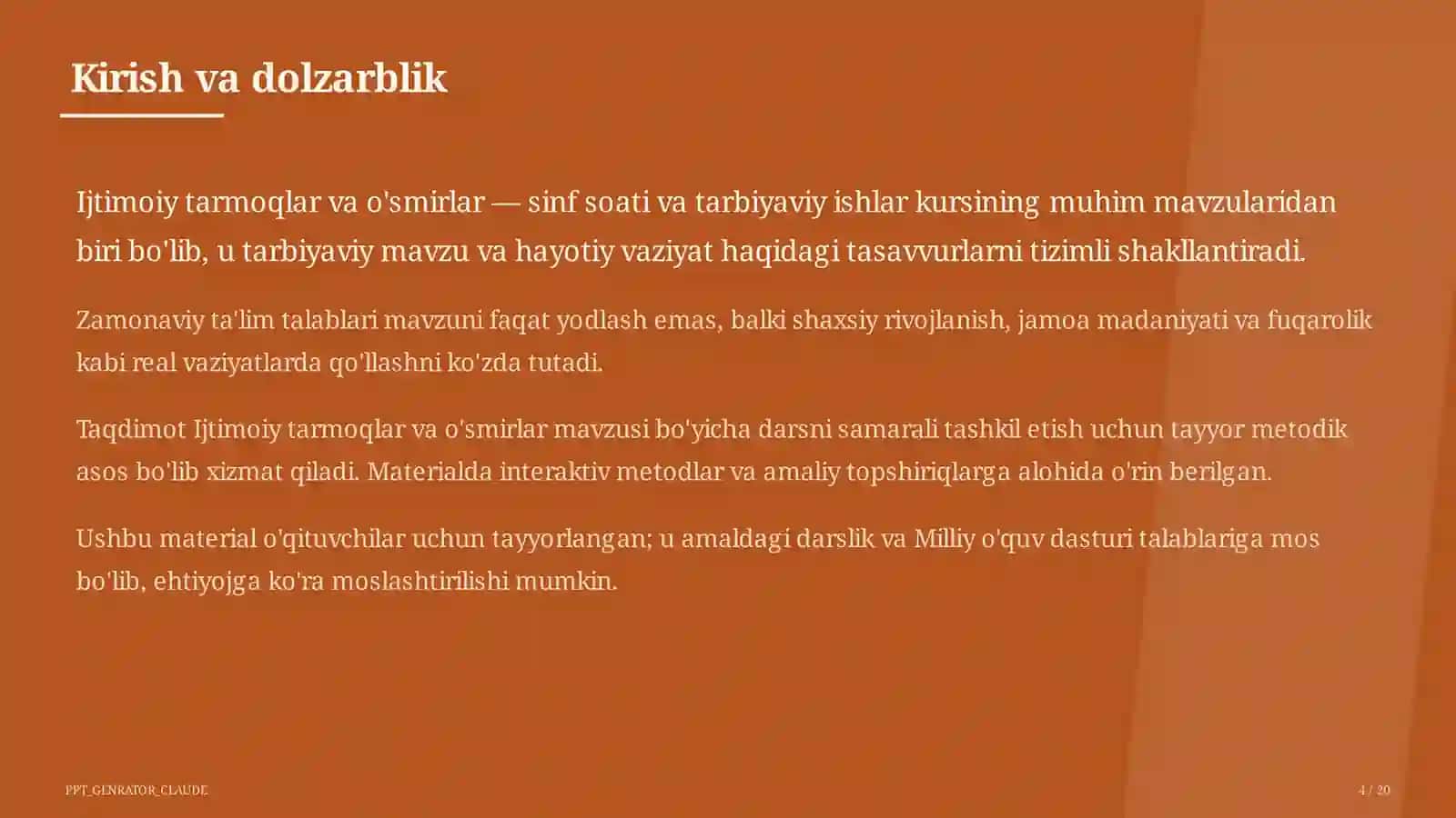Sinf soati va tarbiyaviy tadbirlar (1–11) — o'qituvchilar uchun 4