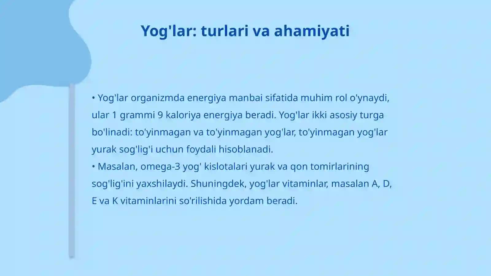Asosiy ozuqaviy moddalar - oqsillar, yog'lar karbonsuv va mineral moddalarning biologik roli va asosiy manbalari 4