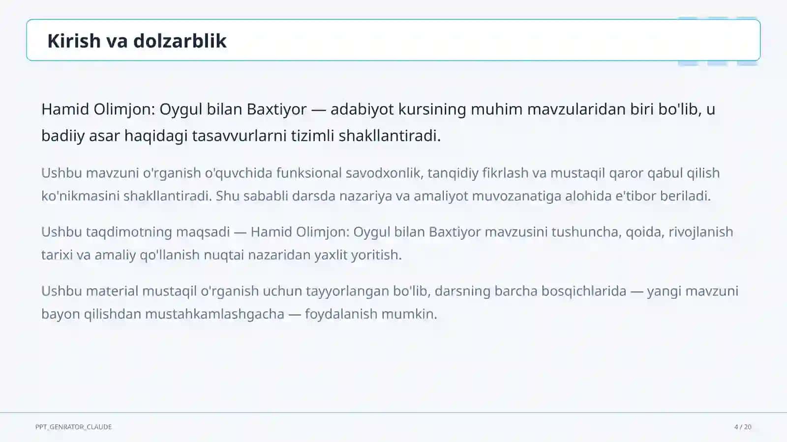 Adabiyot (5– 11) — mustaqil o'rganish uchun 4