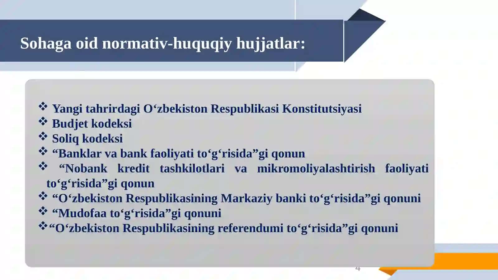MOLIYA, PUL VA BANK TIZIMI HAMDA MUDOFAA VA XAVFSIZLIK MASALALARI. KONSTITUSIYAGA O‘ZGARTIRISH KIRITISH TARTIBI 4