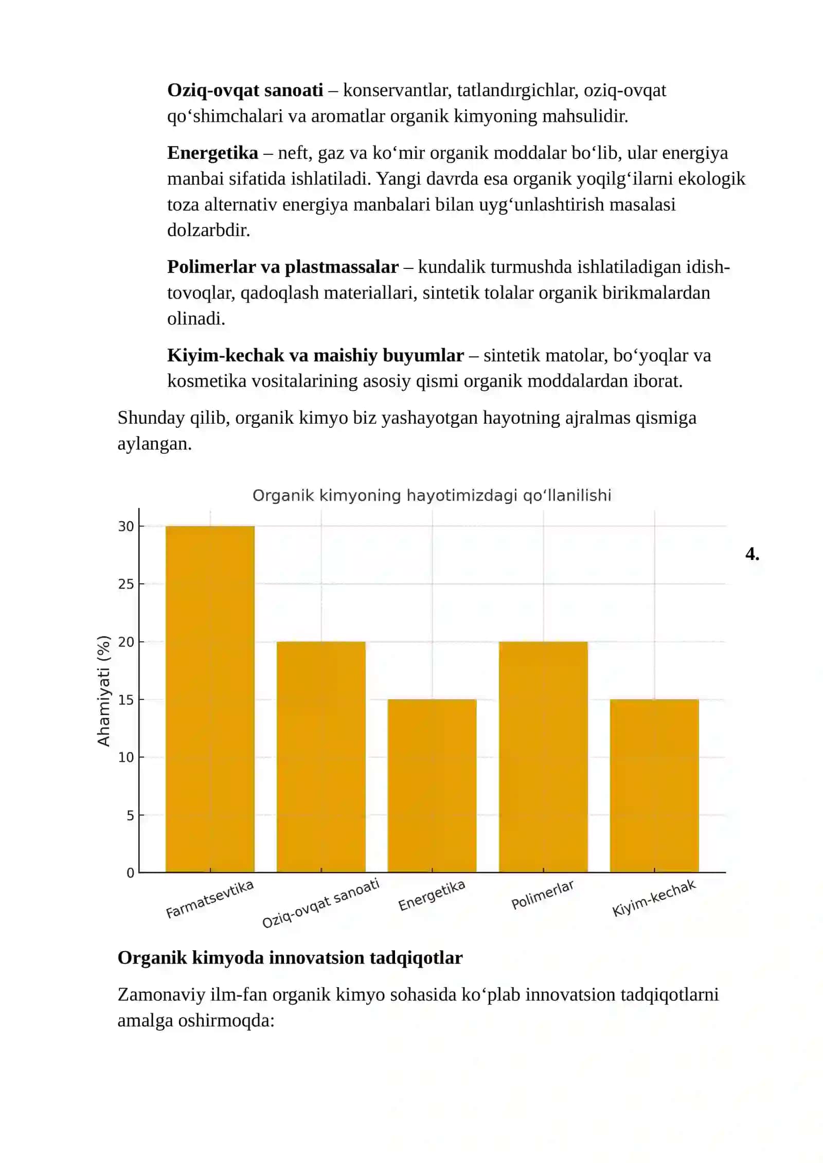 ORGANIK KIMYONING ZAMONAVIY YO‘NALISHLARI VA HAYOTIMIZDAGI O‘RNI 4