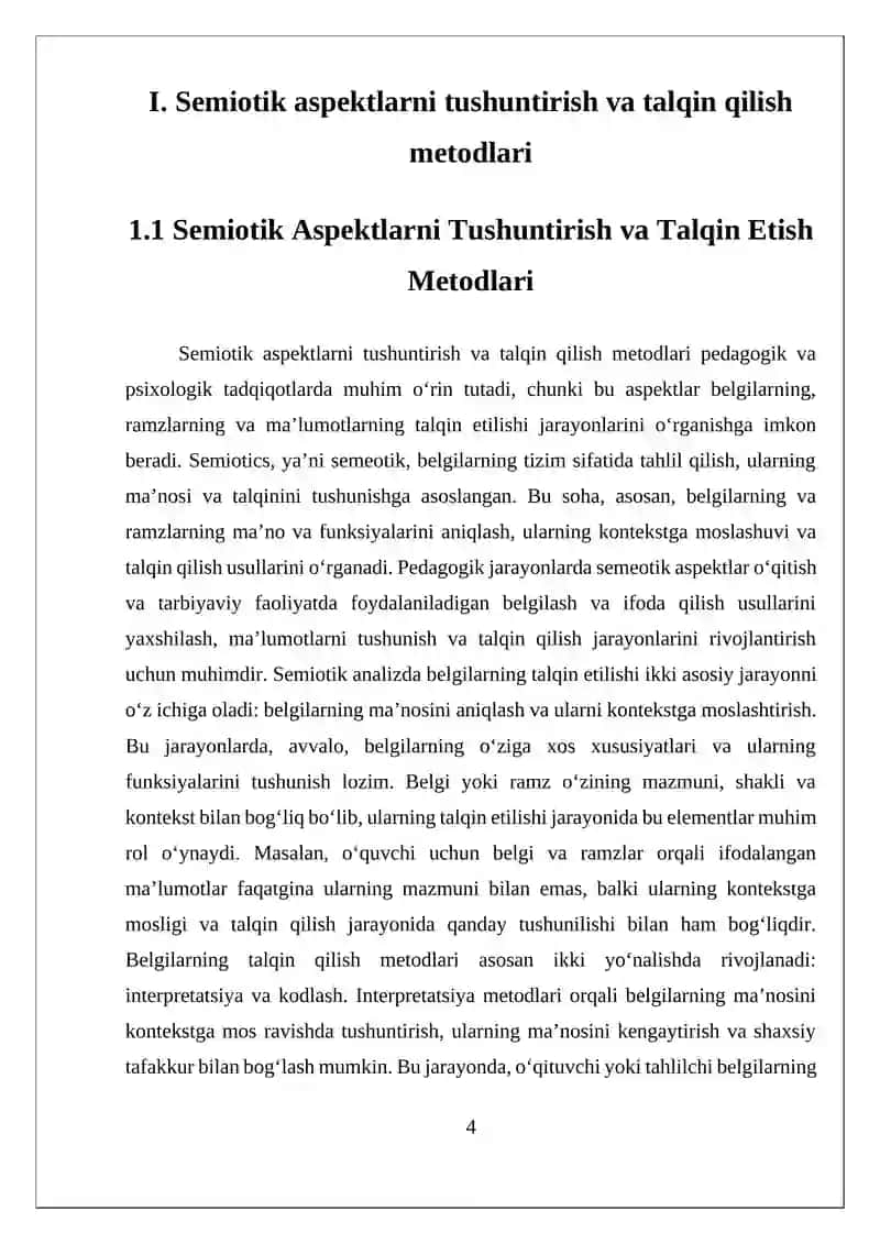 DIAGNOSTIK TADQIDOTLARNING TUZILISHI:DIAGNOSTIK TADQIDOTLARNING SEMIOTIK .TEXNIK VA MANTIQIY.  ASPEKTLARI; TARBIYAVIY TAFAKKURNING MOHIYATI VA OʻZIGA XOSLIKLARI. 4