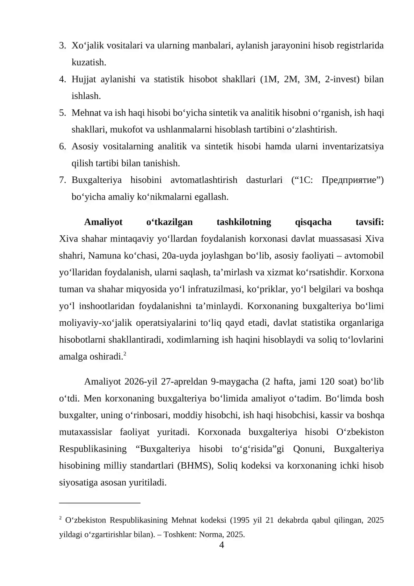 Amaliyot hisoboti. Xiva shahar mintaqaviy yoʻllardan foydalanish korxonasi davlat muassasasi 4