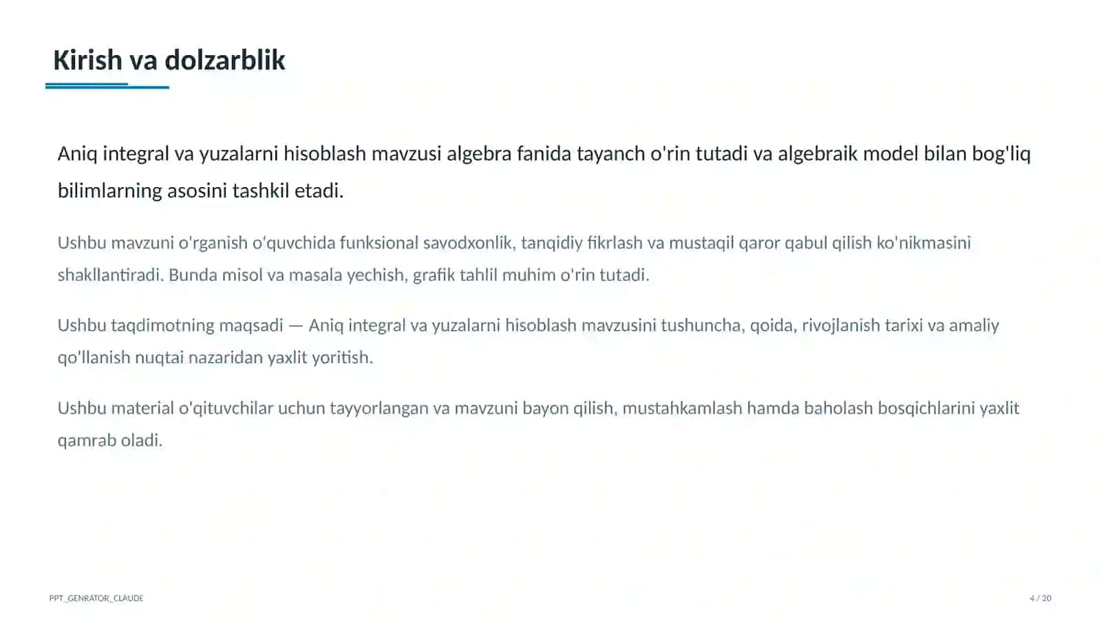 Aniq integral va yuzalarni hisoblash (11-sinf) 4