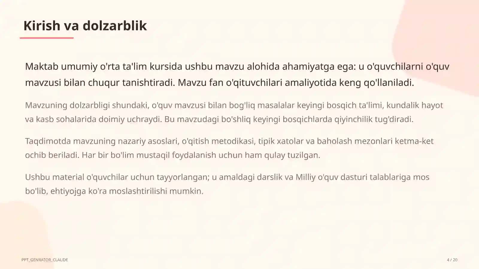Dolzarb mavzular — maktab va o'qituvchilar (2026) — o'quvchilar uchun 4