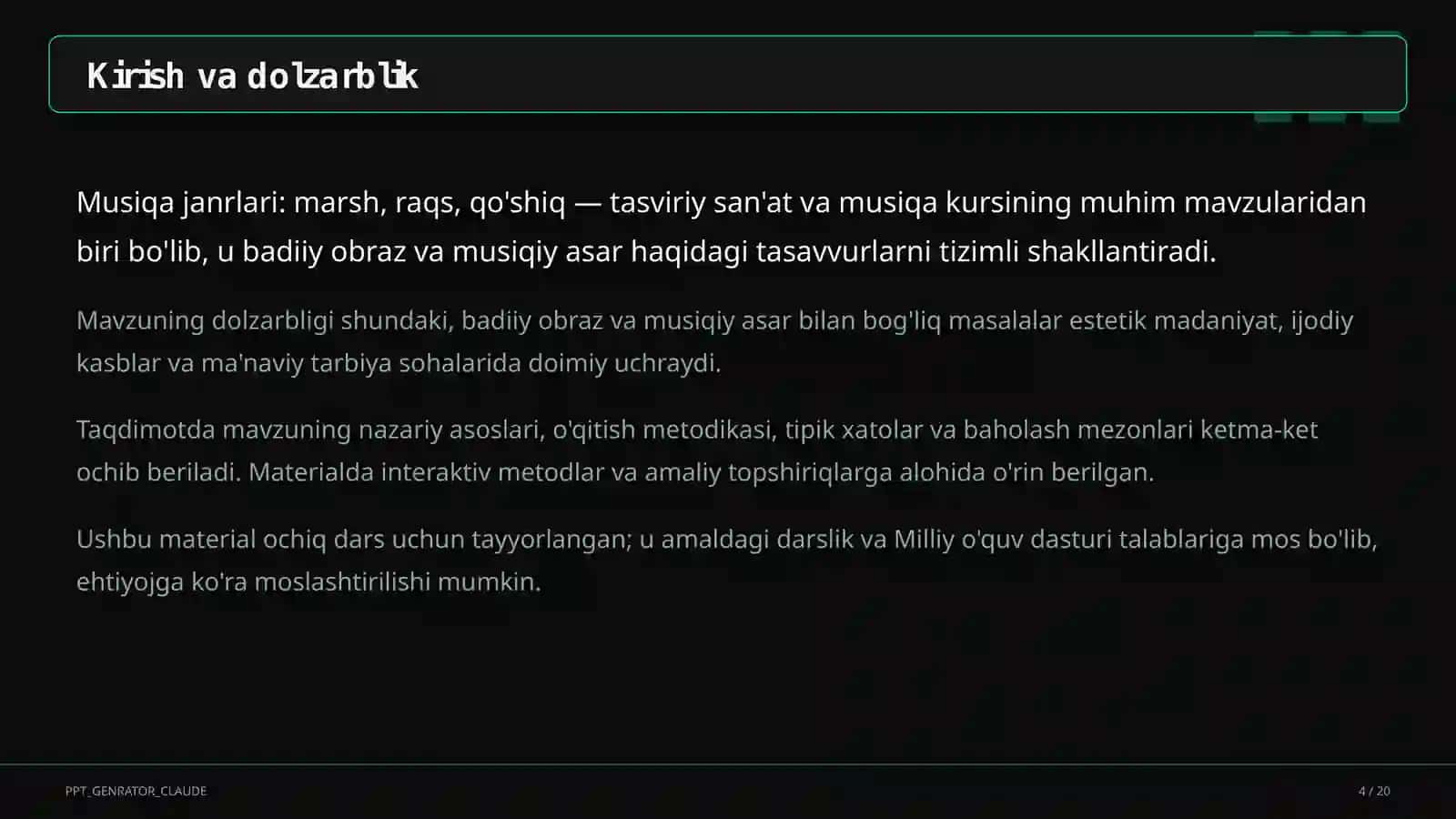 Tasviriy san'at va musiqa (1–7) — ochiq dars uchun 4