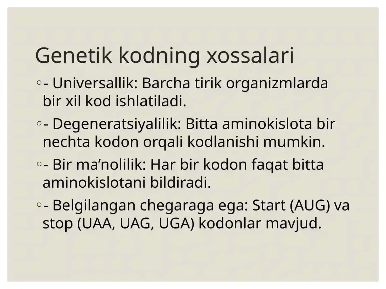 Genetik Kod va uning Translyatsiyadagi O'rni 4