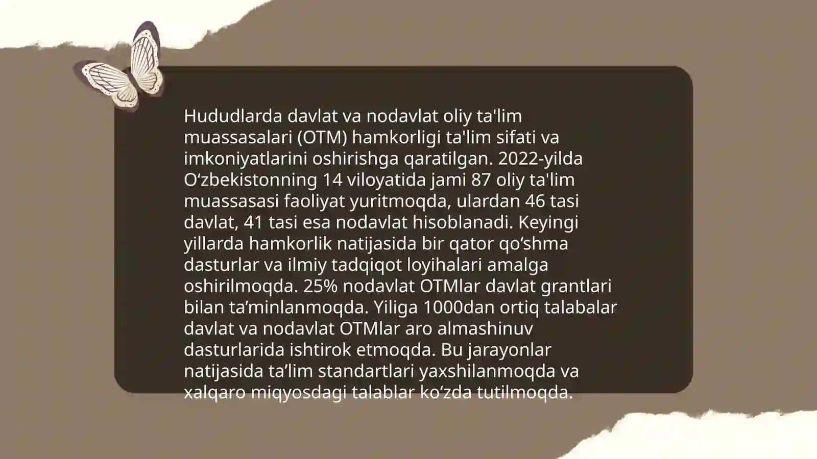 Oliy taʼlim sohasida davlat xususiy sheriklikni rivojlantirish hududlarda davlat va nodavlat oliy taʼlim muassasalarini faoliyatini tashkil etish 4