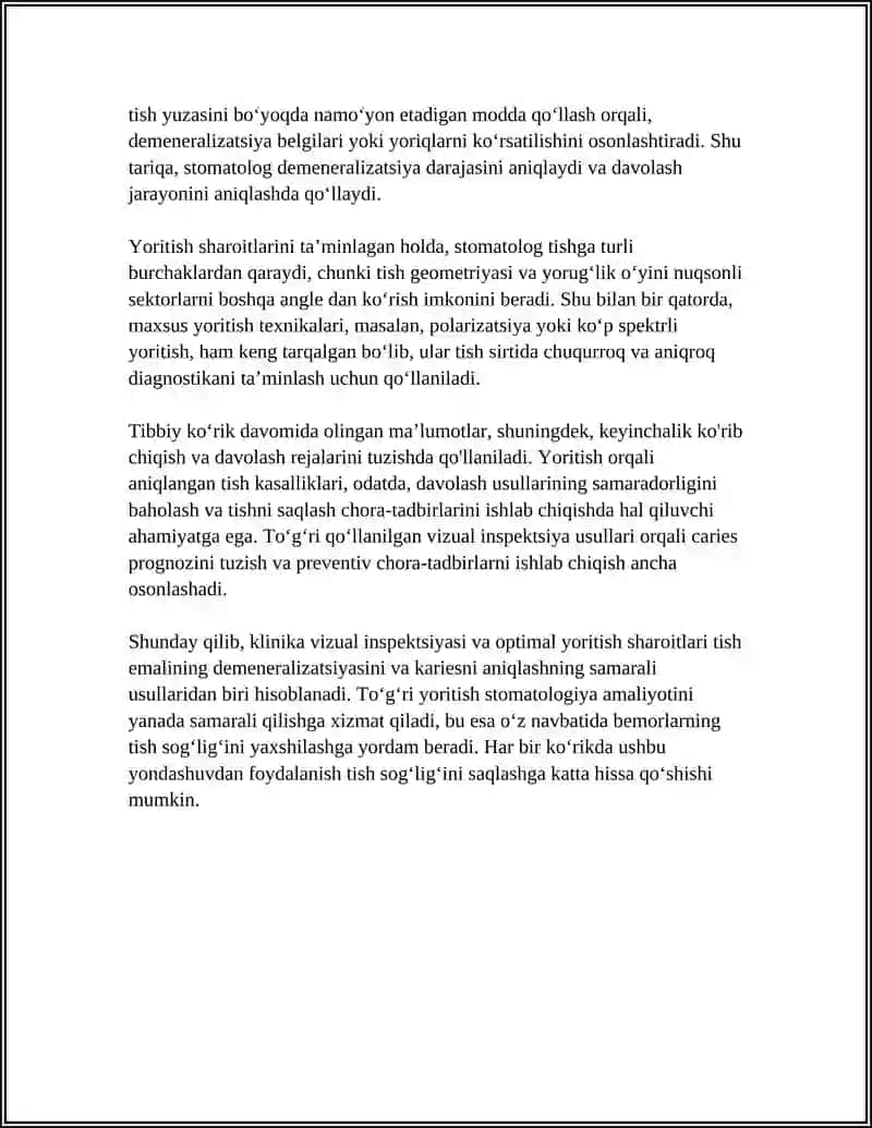 EMALNING O‘CHOQLI DEMINERALIZATSIYASINI VA TISH KARASHINI ANIQLASHNINGKLINIK USULLARI 4