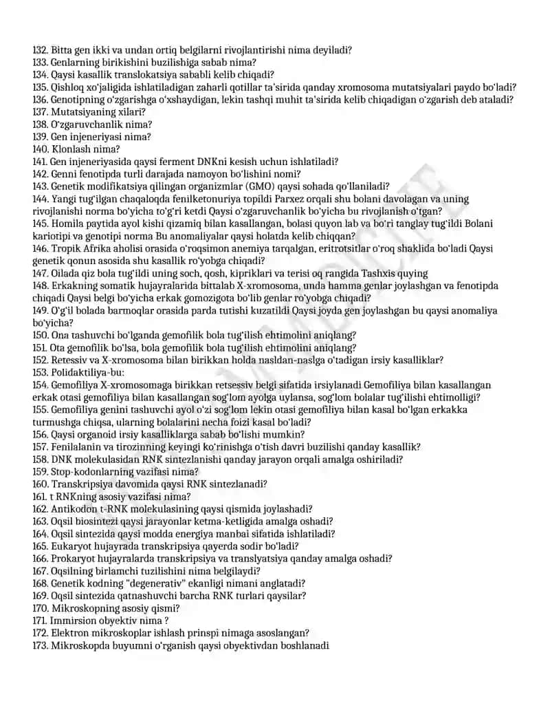 Biologiya fanidan test savollari 4