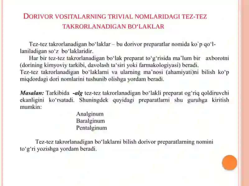 Dorivor moddalarning trivial nomlari. Tarkibiy qismchalar. Dori shakllari. 4