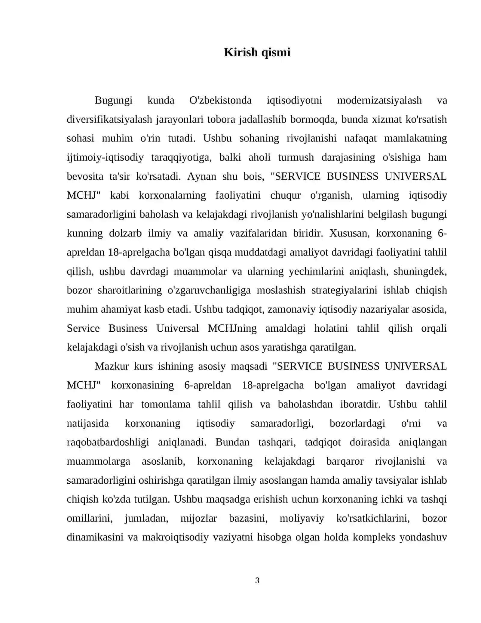 SERVICE BUSINESS UNIVERSAL MCHJ” haqida 6-apreldan 18 aprelgacha  amalakaviy bitiruv amalyot utagaani haqida malumot kerak 4