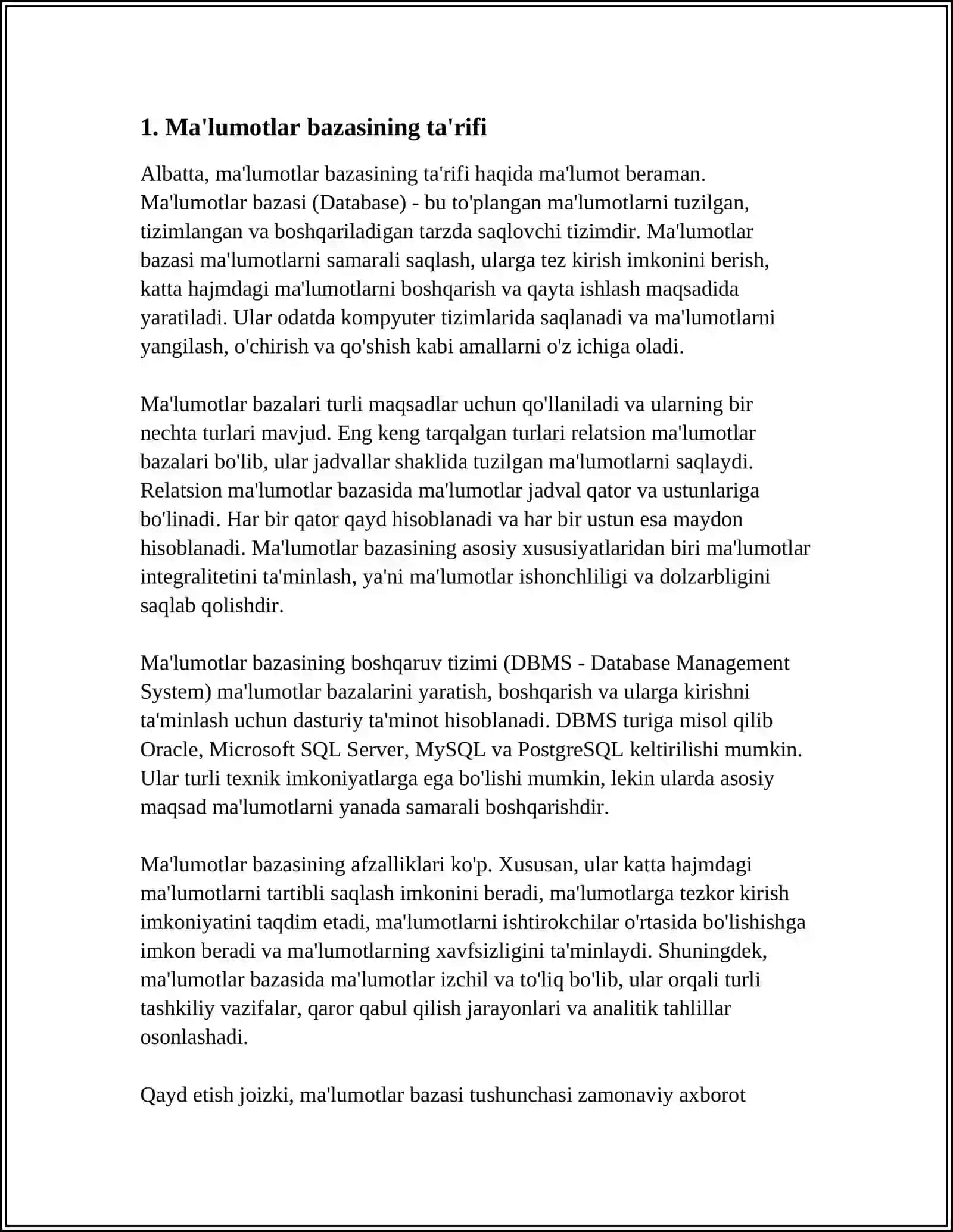 MAʼLUMOTLAR BAZASINING MAQSADI, VAZIFALARI VA ASOSIY TUSHUNCHALARI 4