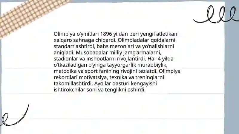 Yengil atletikaning rivojlanish tarixi, darslarni tashkil qilish va o‘tkazish metodikasi 4