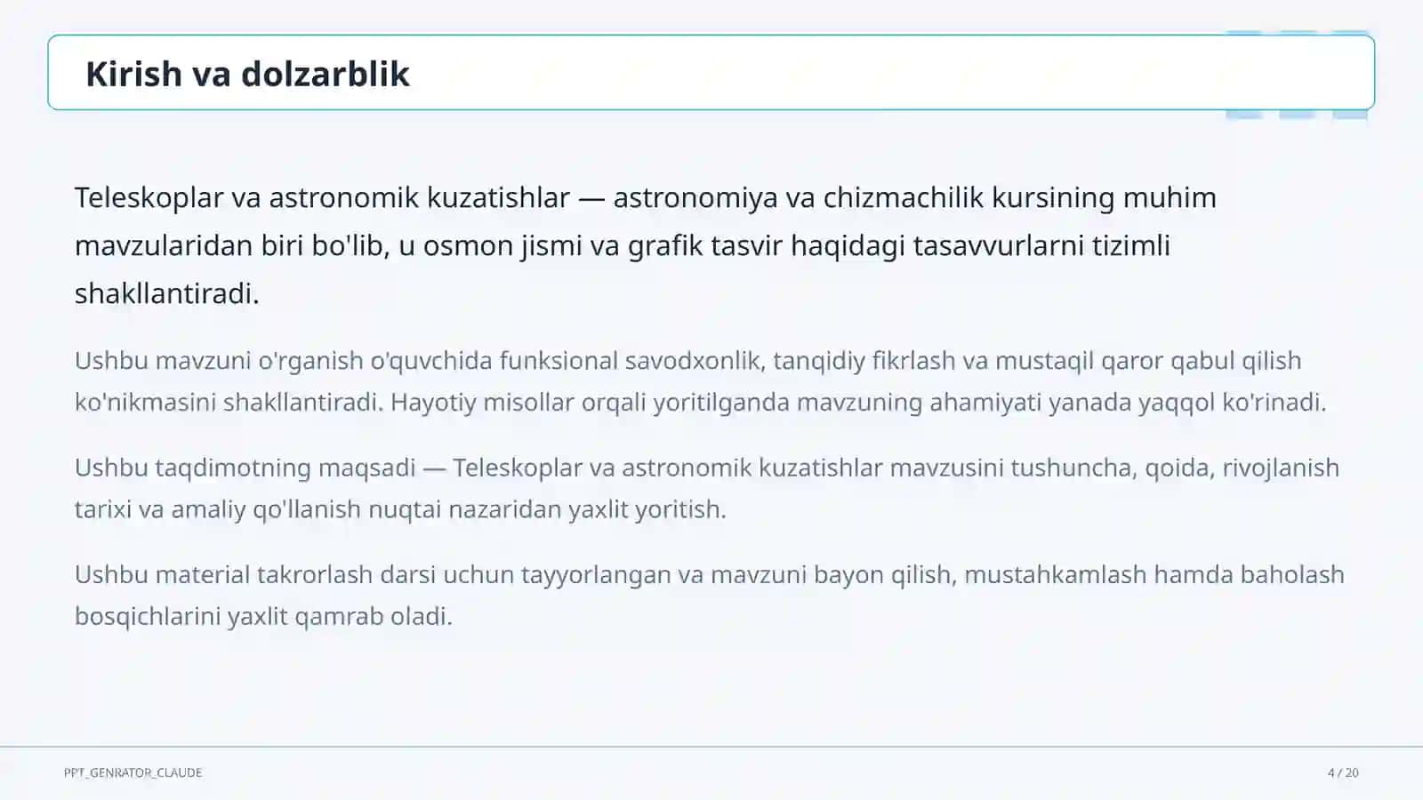 Teleskoplar va astronomik kuzatishlar (10-sinf) 4