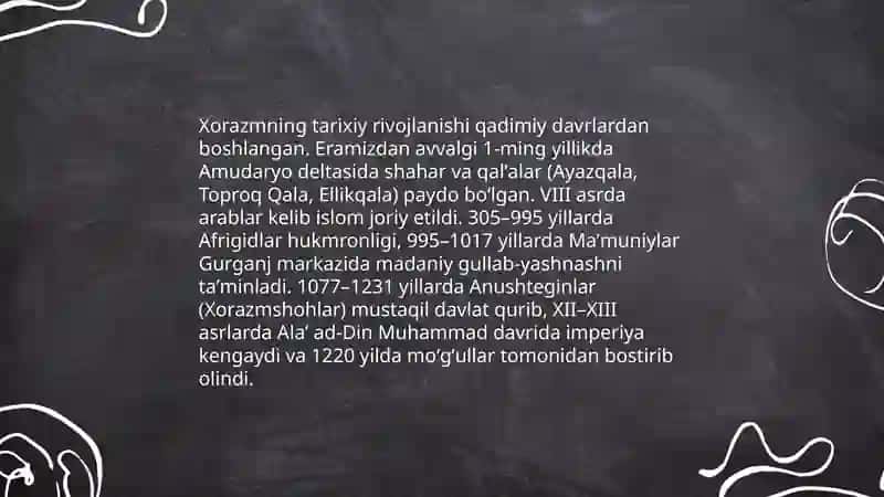 Xorazm haqida maʼlumot keyin Yangiariq tarixi va unda taniqli kishilarning ismi va qilgan ishlari by Joʼshqinbek Roʻziboyev 4
