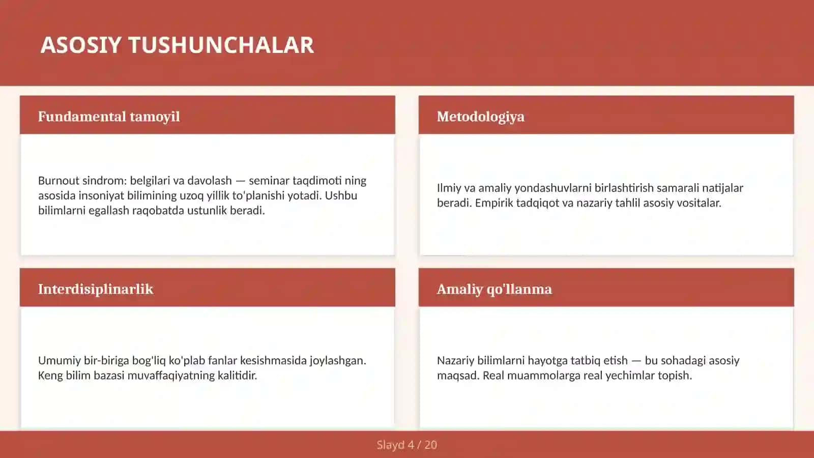 Burnout sindrom: belgilari va davolash — seminar taqdimoti 4
