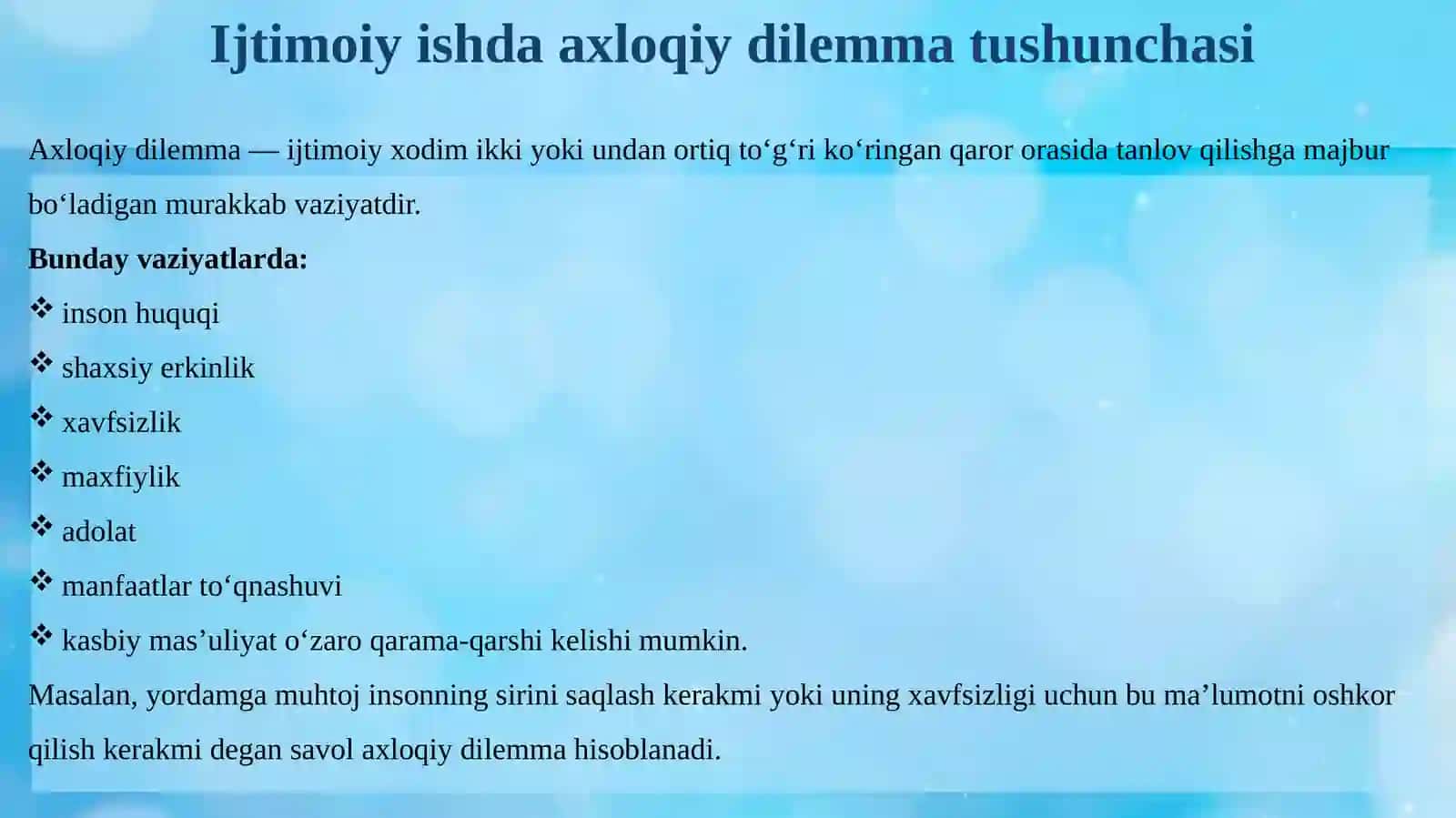 O‘zbek yoki jahon adabiyotining tanlangan asarlari misolida ijtimoiy ishning axloqiy dilemmalari va qadriyatlarini tahlili.pptx 4