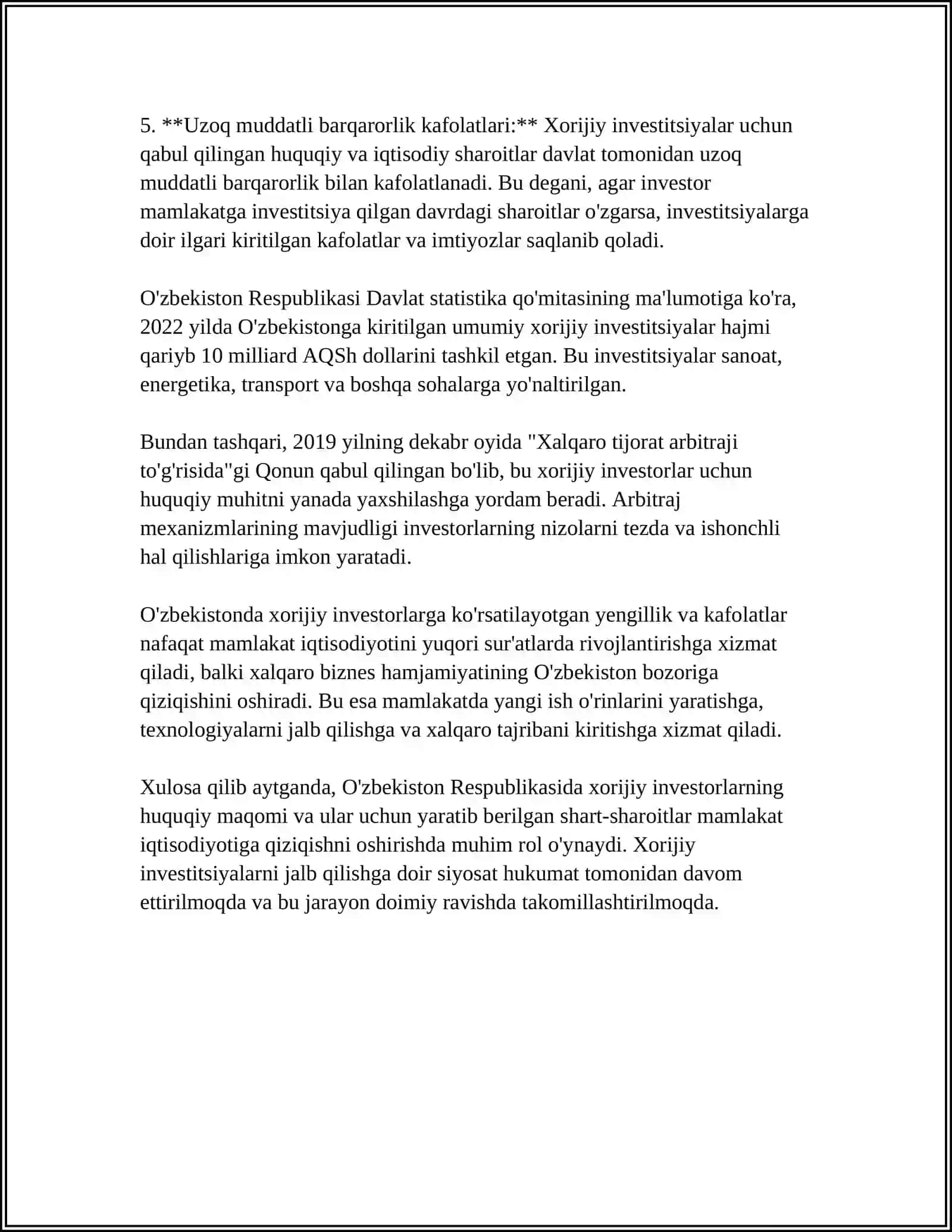 XORIJIY INVESTORLAR HUQUQIY HOLATINING O'ZIGA XOS XUSUSIYATLARI 4