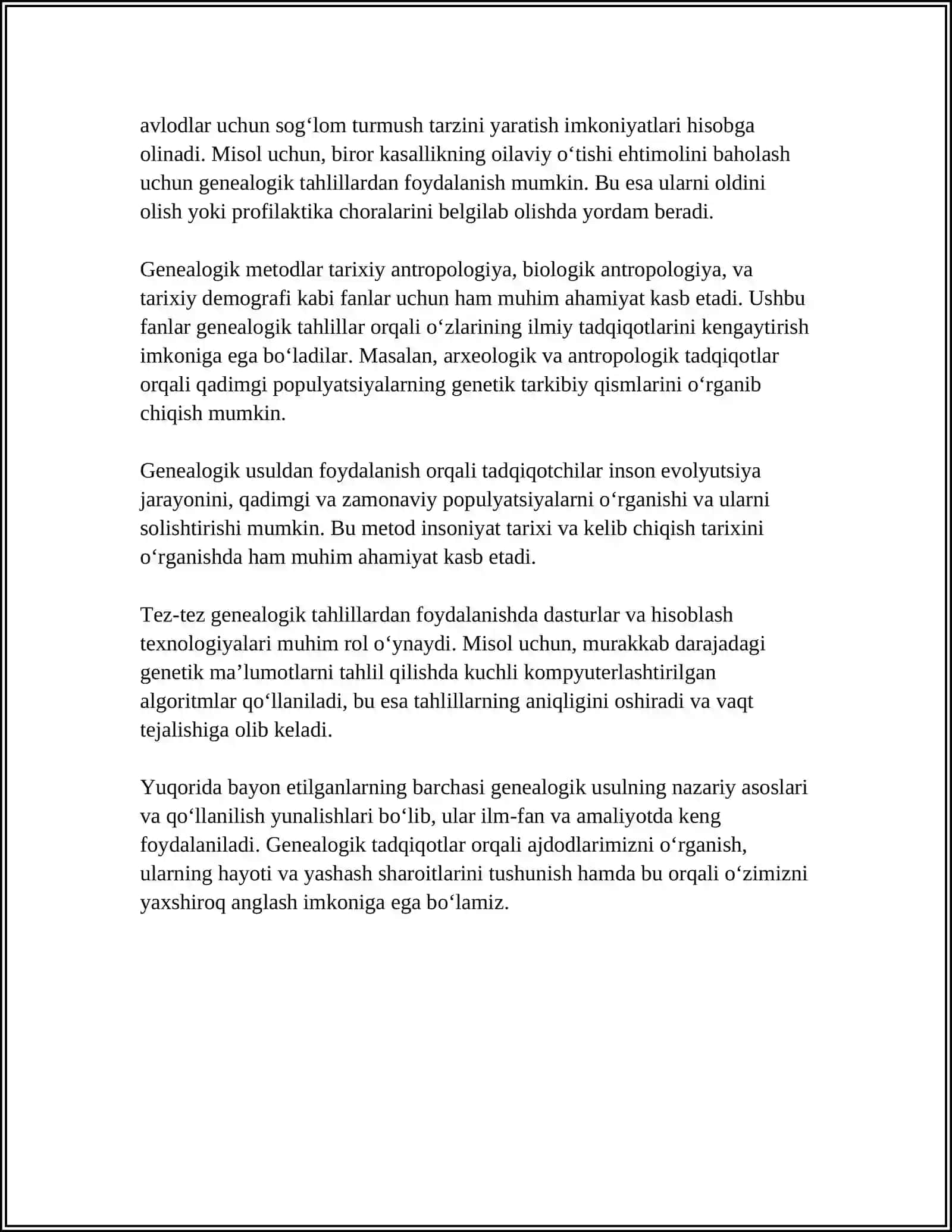 ODAM GENETIKASINING ORGANISH USULLARI. GENEALOGIK VA EGIZAKLAR USULI PAPULYATSION STATISTIK 4