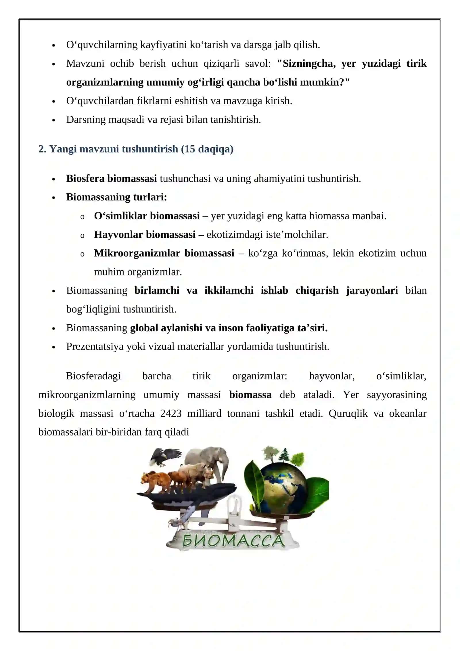 "Biosfera biomassasi" mavzusida tayyorlagan bir soatlik DARS ISHLANMASI 4