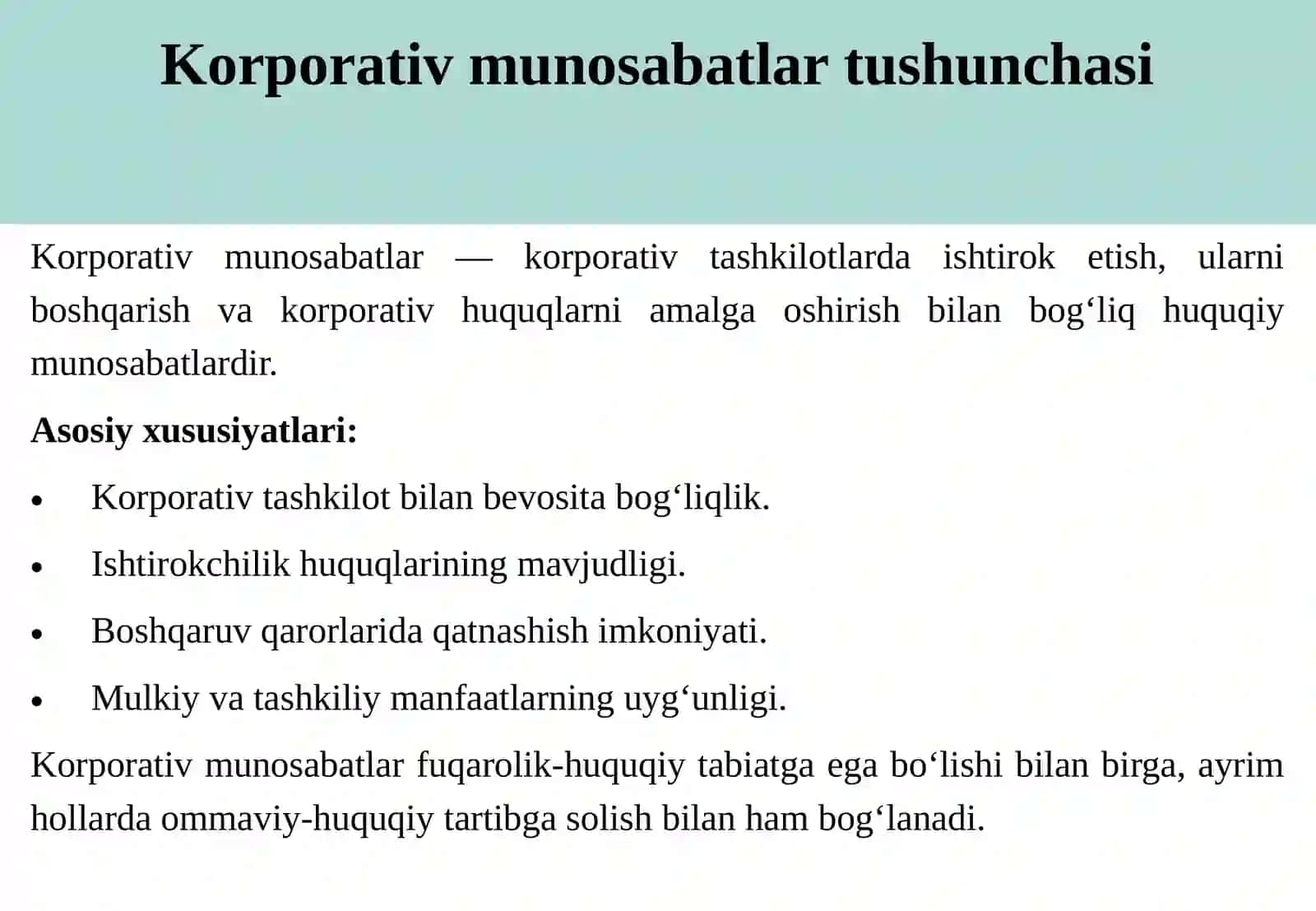 Korporativ munosabatlarning turlari korporativ, fuqarolik va ommaviy-huquqiy munosabatlarni ajratish mezonlari.pptx 4