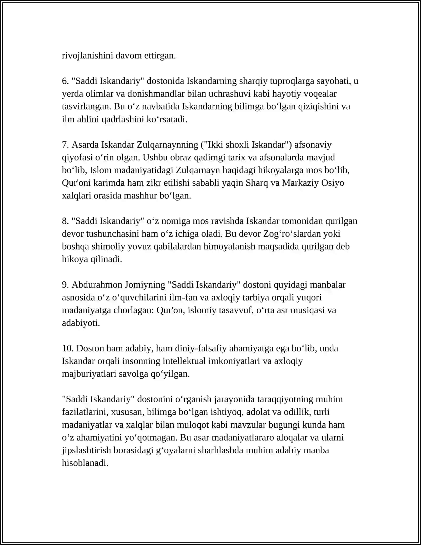 "SADDI ISKANDARIY" DOSTONINING BOBLAR BÔYICHA TAVSIFI 4