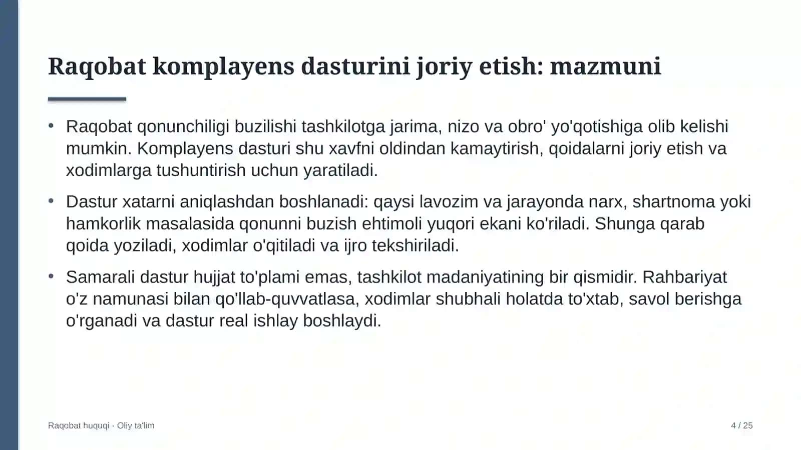 obodonlashtirish boshqarmalarida raqobat qonunchiligi bo'yicha komplayens dasturini joriy etish 7022 4