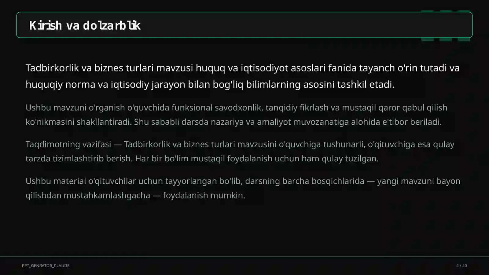 Tadbirkorlik va biznes turlari (10-sinf) 4