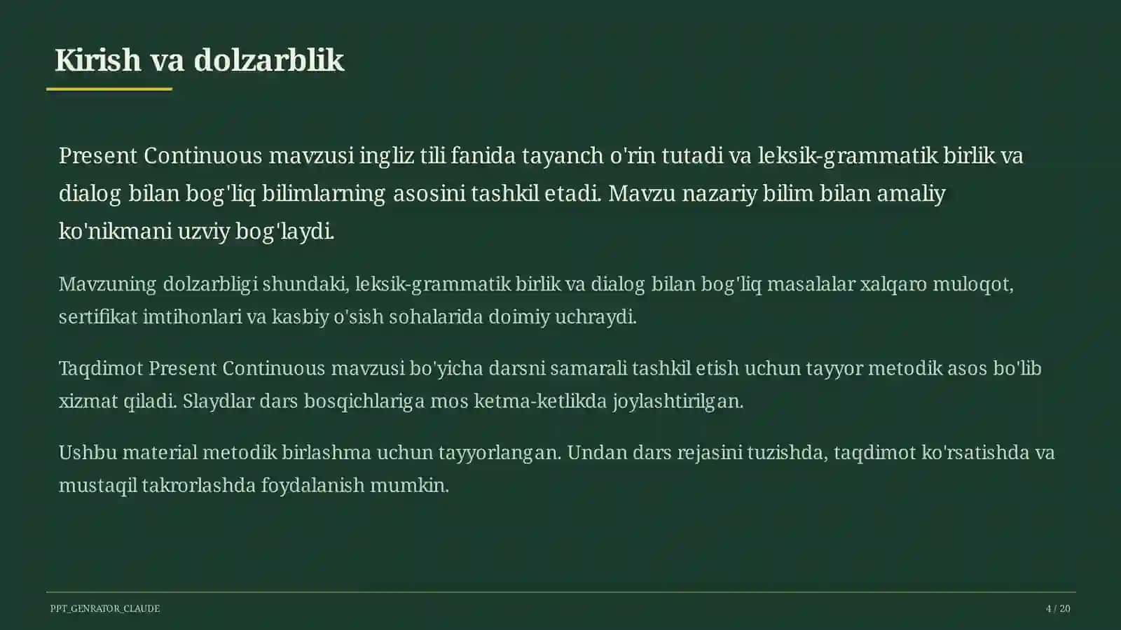 Present Continuous (5-sinf) Ingliz tili (1–11) — metodik birlashma uchun 4