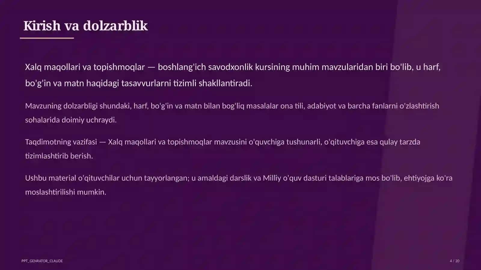 Boshlang'ich sinf: Ona tili va o'qish (1–4) — o'qituvchilar uchun 4