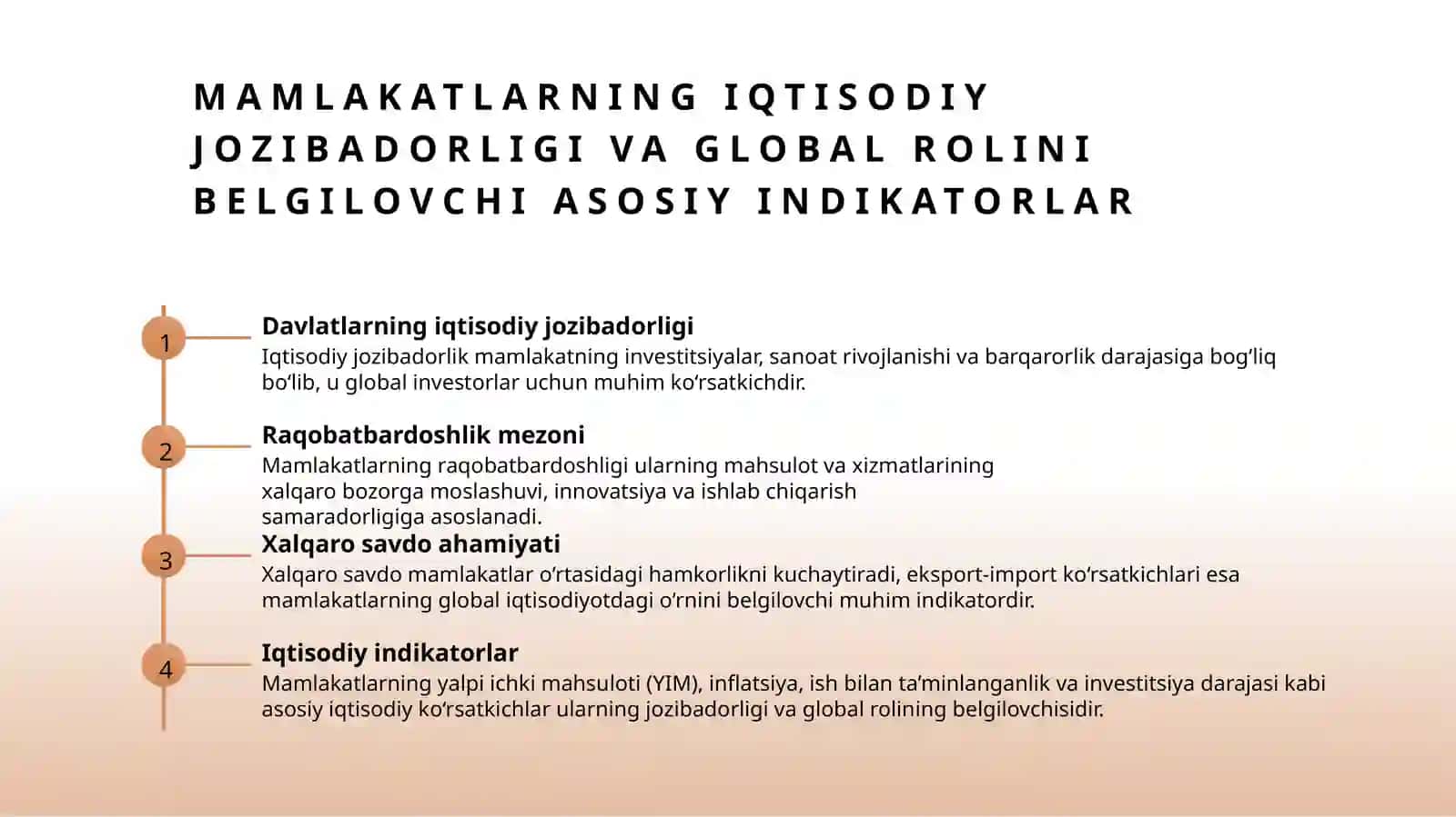 Zamonaviy jahon xo'jaligi sub'yektlari va mamlakatlarning jahon iqtisodiyotidagi o'mini tavsiflovchi ko'rsatkichlar tizimi 4