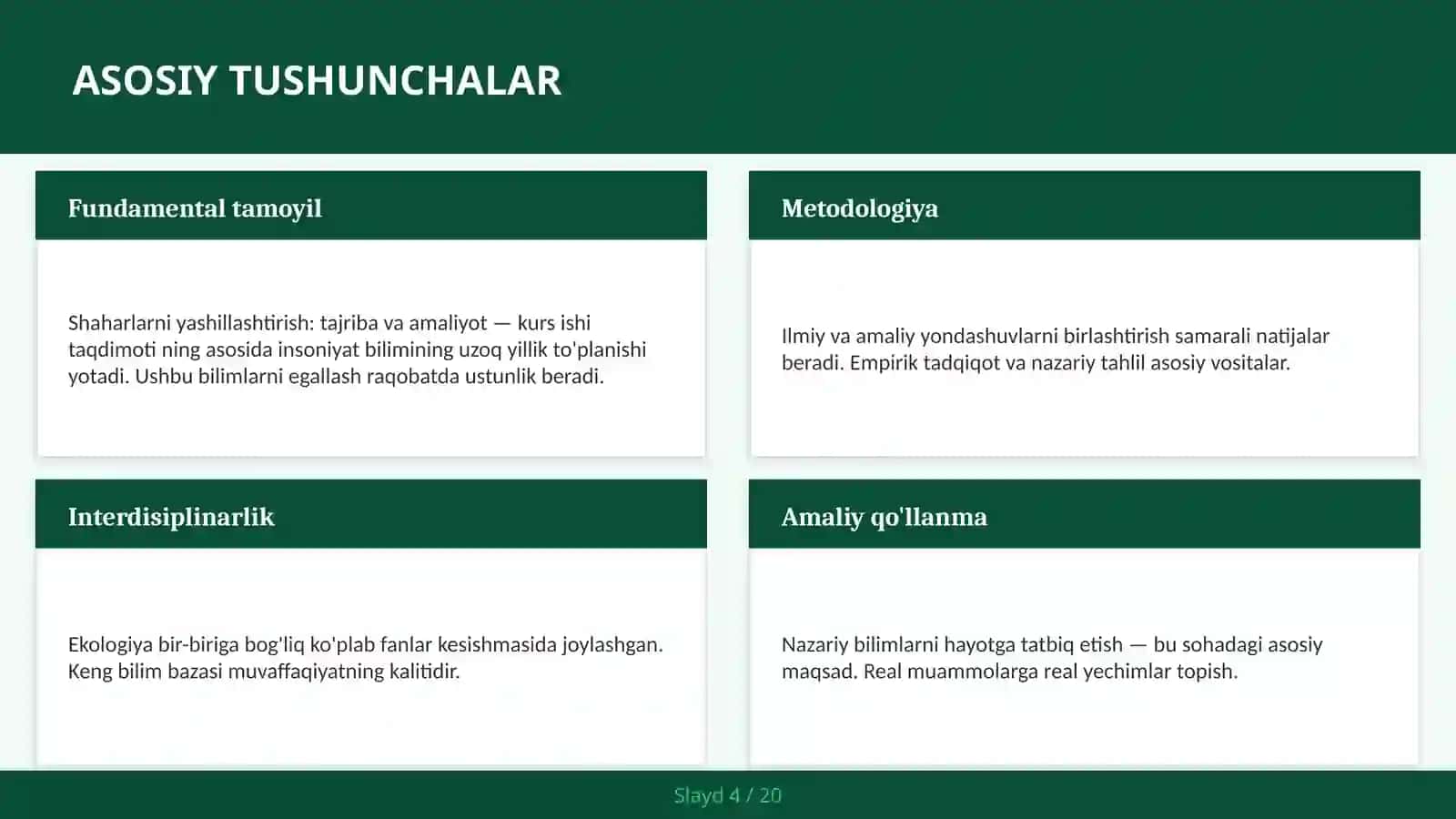 Shaharlarni yashillashtirish: tajriba va amaliyot — kurs ishi taqdimoti 4
