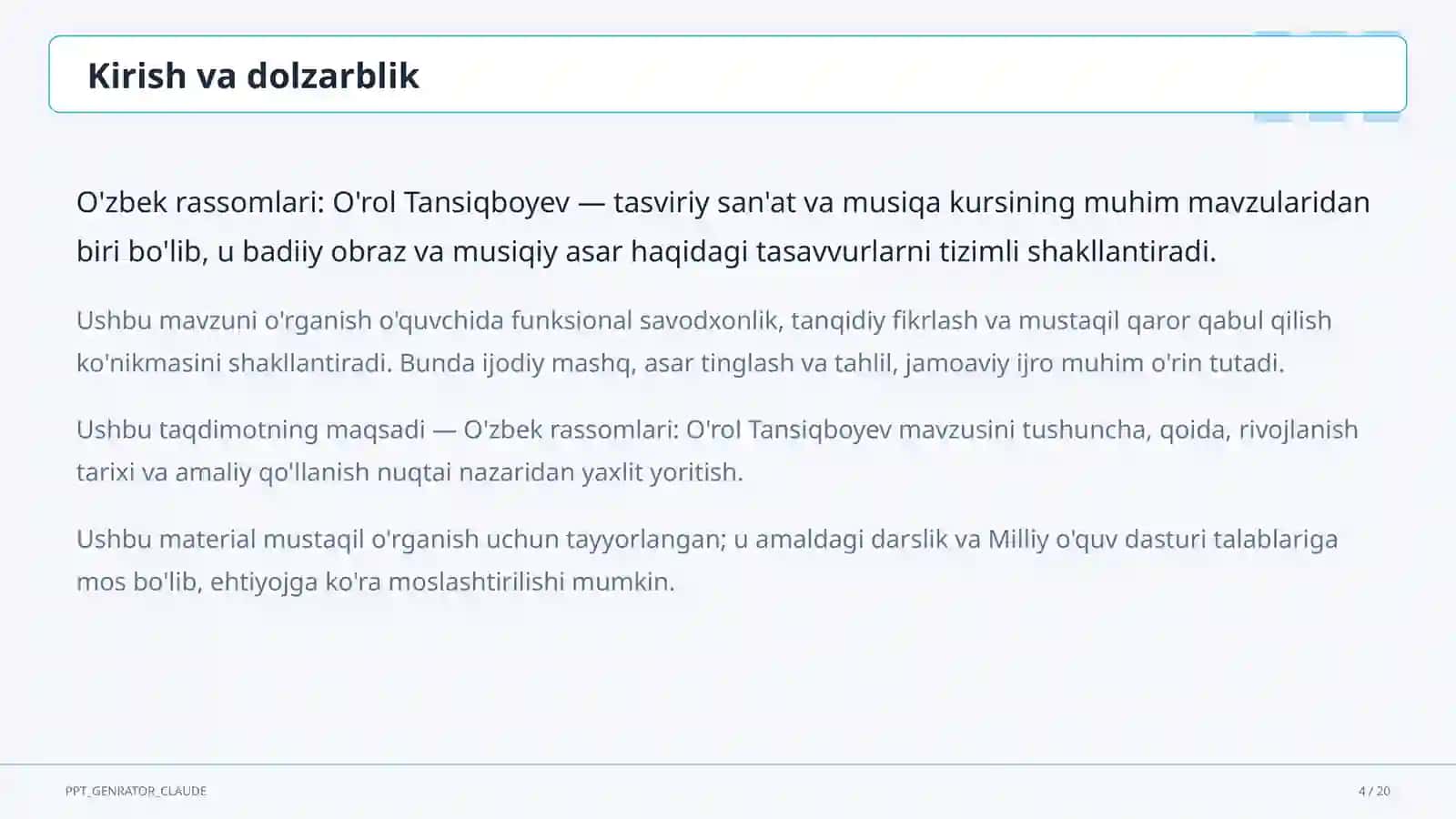 O'zbek rassomlari: O'rol Tansiqboyev (7-sinf) 4