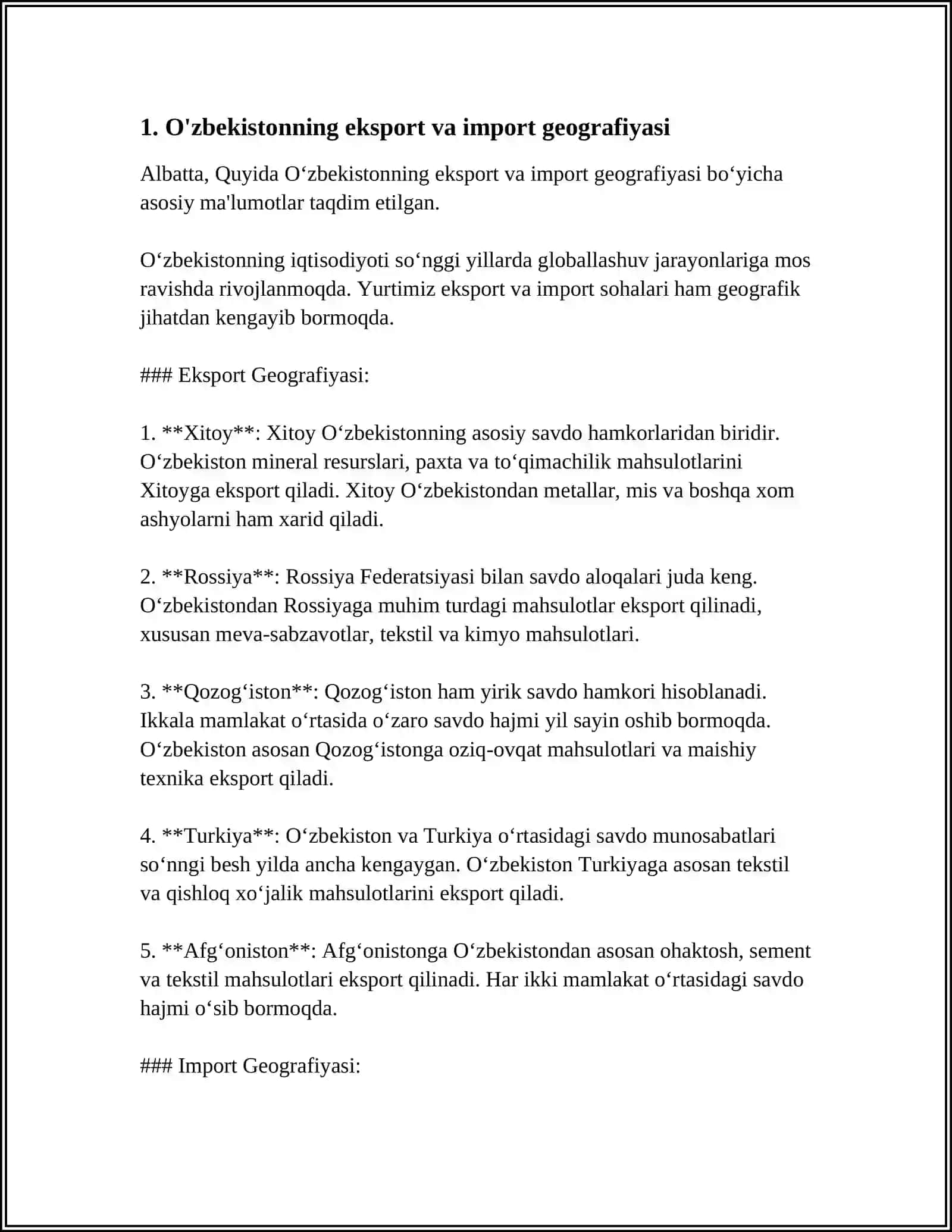 O'zbekiston Tashqi Savdo Munosabatlari Geografiyasi 4