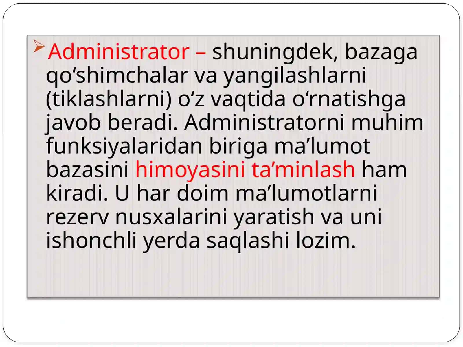 Ma`lumotlarbazasini administratorlash 4