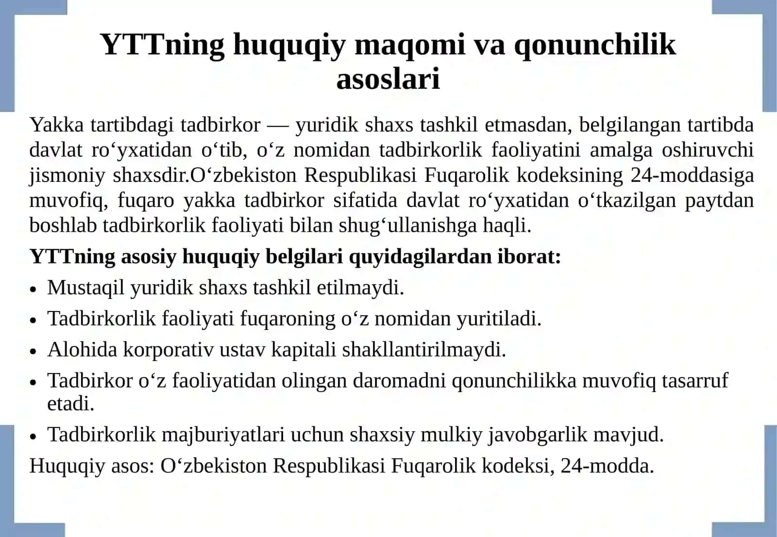 YTT FAOLIYATINI HUQUQIY TARTIBGA SOLISH: DAVLAT RO‘YXATI, RUXSAT ETILGAN FAOLIYAT TURLARI VA YURIDIK SHAXS TASHKIL ETGAN TADBIRKORLARDAN FARQI 4