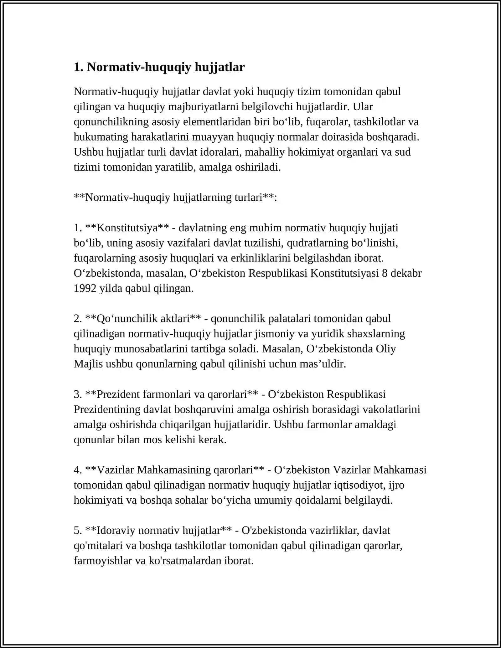 OʻZBEKISTON RESPUBLIKASI DAVLAT BOSHQARUVIDA QOʻLLANILADIGAN HUJJATLARNING TURLARI 4