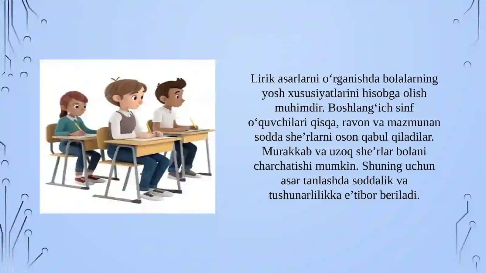 Lirikasarlarni ifodali va to’g’ri o’qishni o’rganish bo’yicha tavsiyalar ishlab chiqish 4