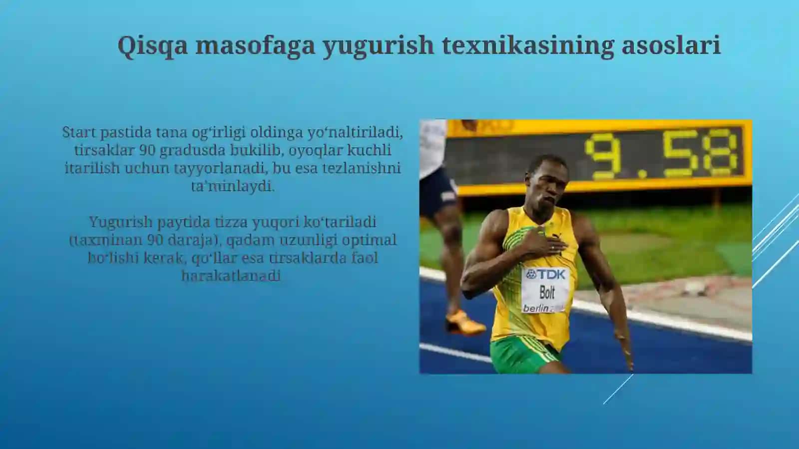 Yengil atletika: Qisqa masofaga yugurish texnikasini o'rgatish(60 100 metr) 4