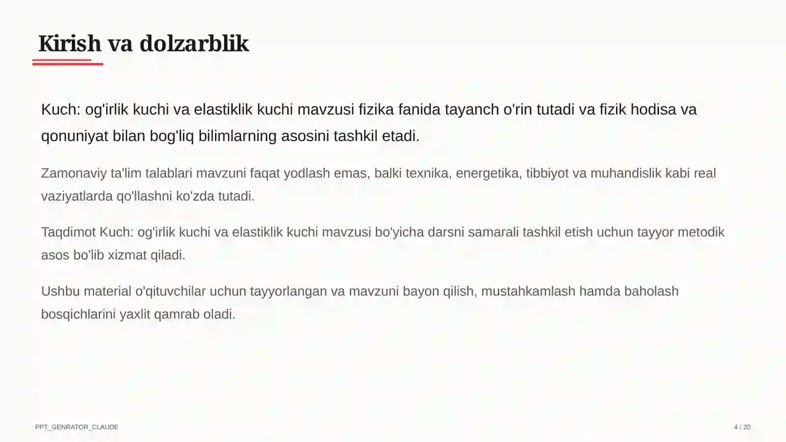 Fizika (6–11) dars rejasi 4