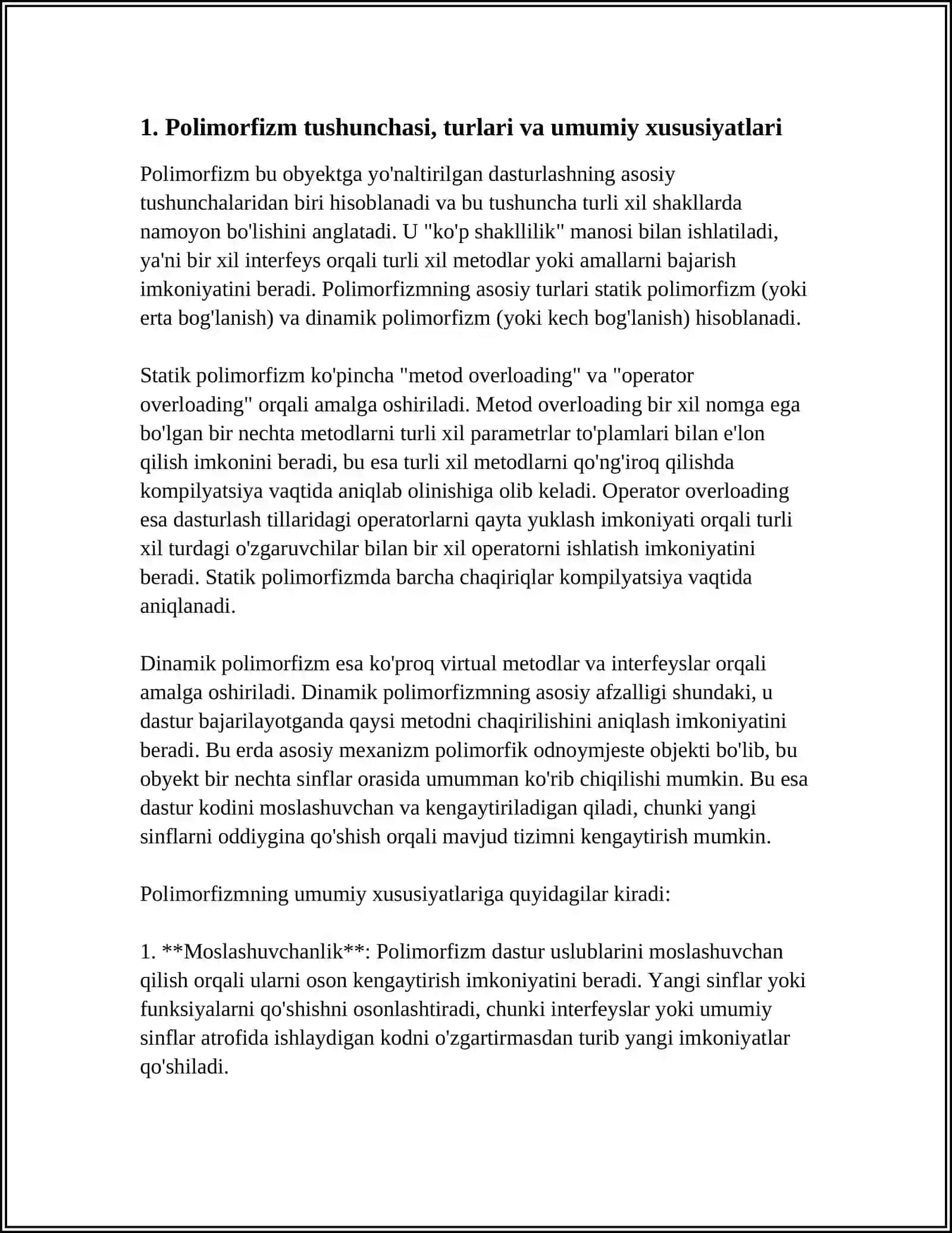 POLIMORFIZM MAVZUSIDA REFERAT 10 VAROQDAN IBORAT BOʻLSIN XULOSA VA FOYDALANILGAN ADABIYOTLAR BOʻLSIN 4