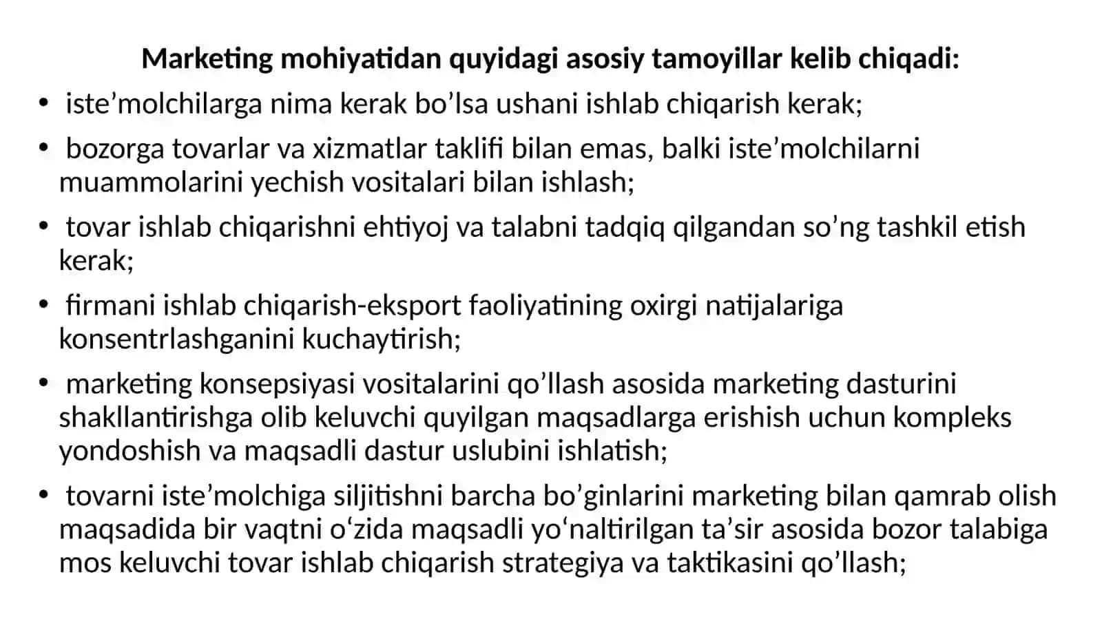 TADBIRKORLIK VA BIZNES FAOLIYATIDA MARKETING FUNKSIYALARI, VAZIFALARI VA TAMOYILLARI 4