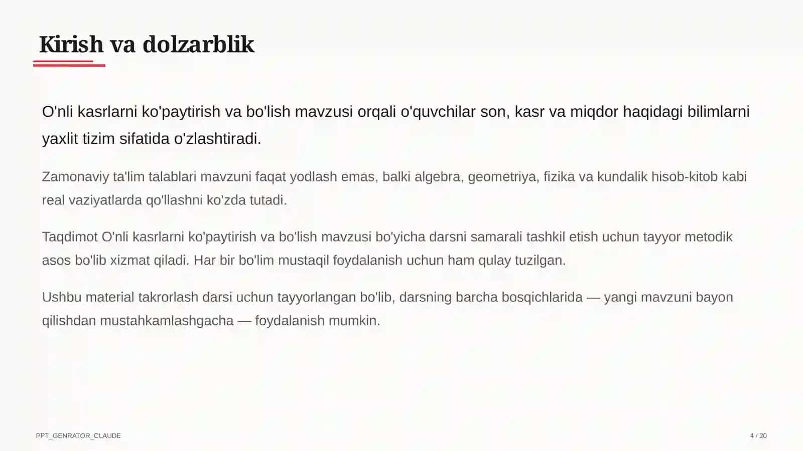O'nli kasrlarni ko'paytirish va bo'lish (5-sinf) 4