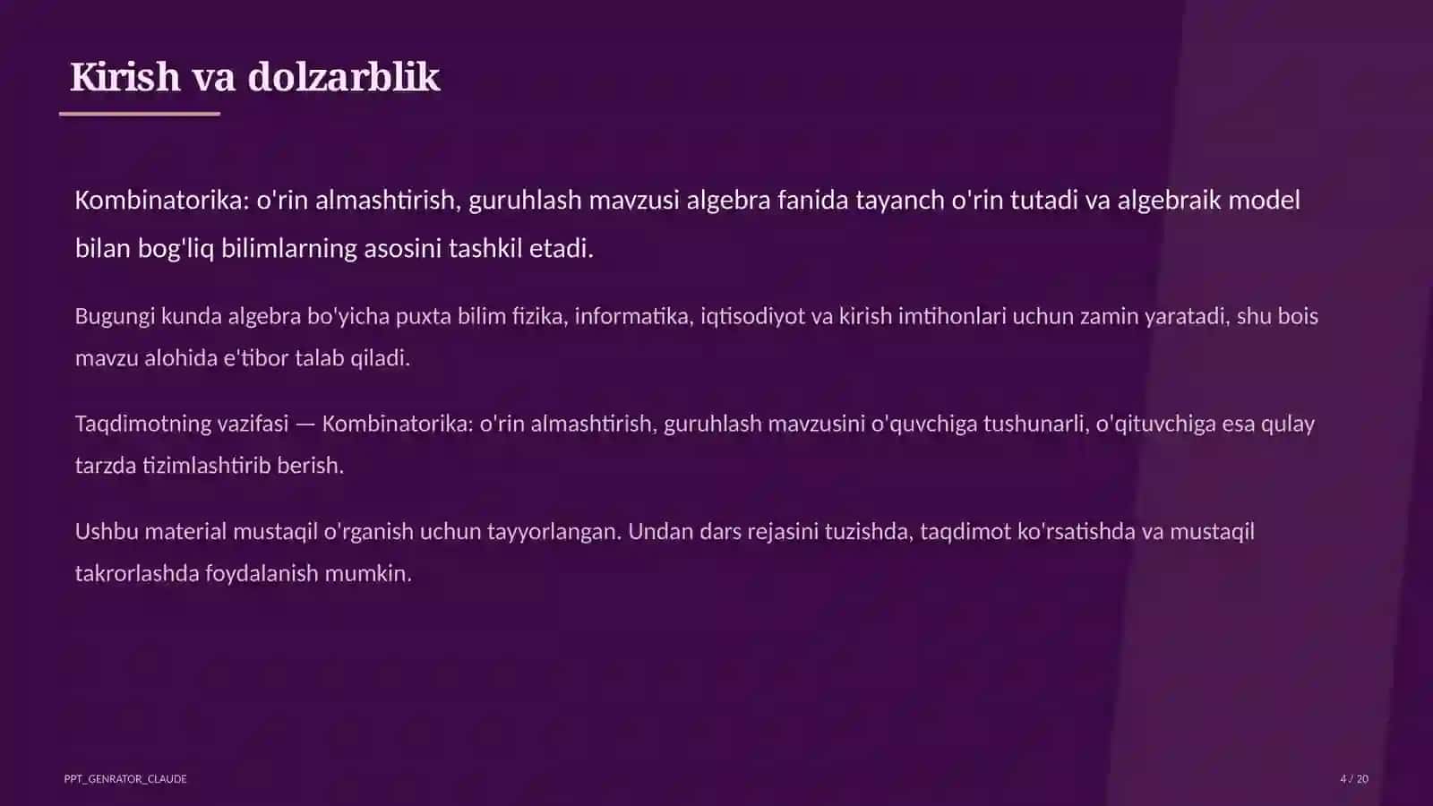 Kombinatorika: o'rin almashtirish, guruhlash (9-sinf) 4